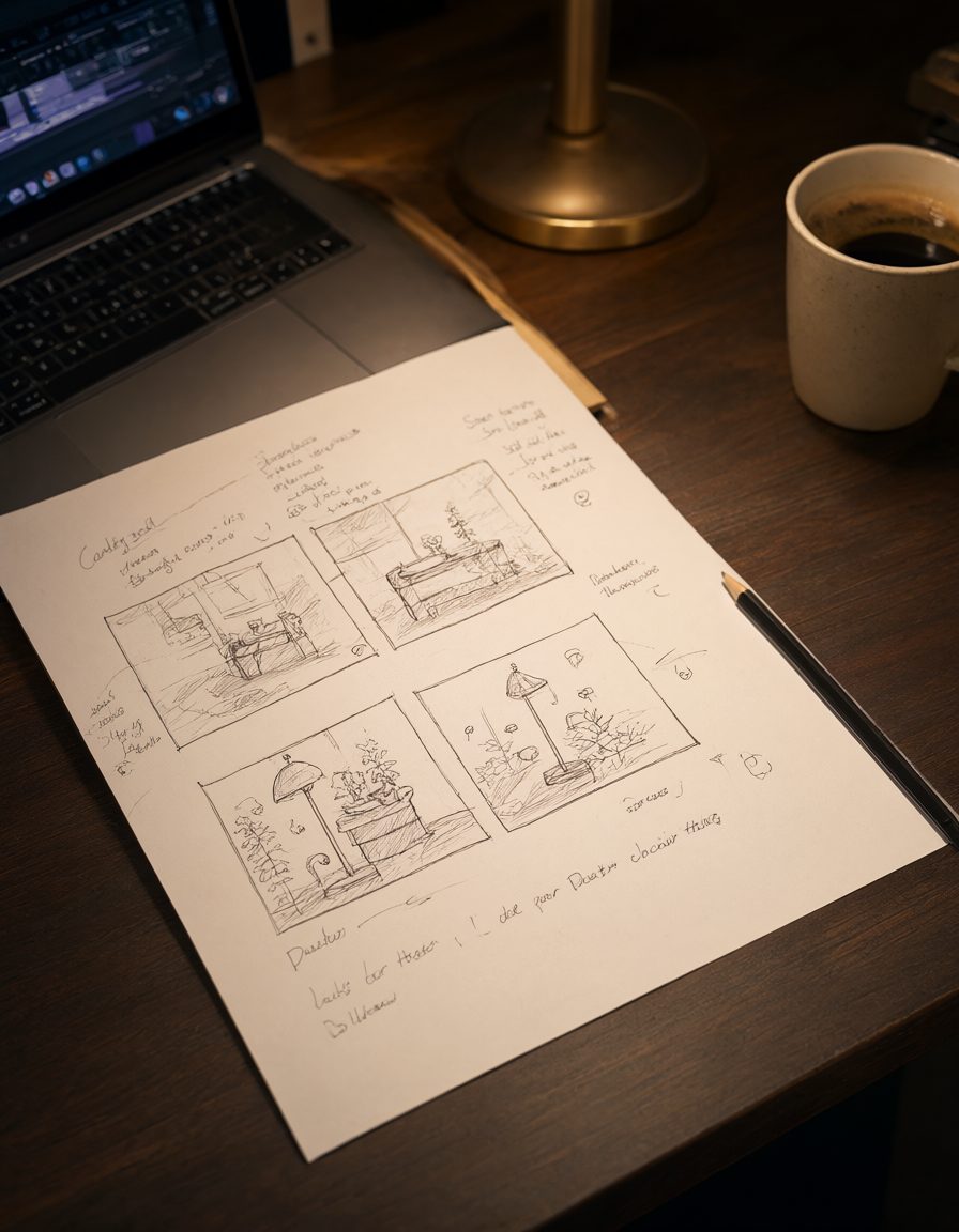 Overhead editing desk with a storyboard, coffee and laptop