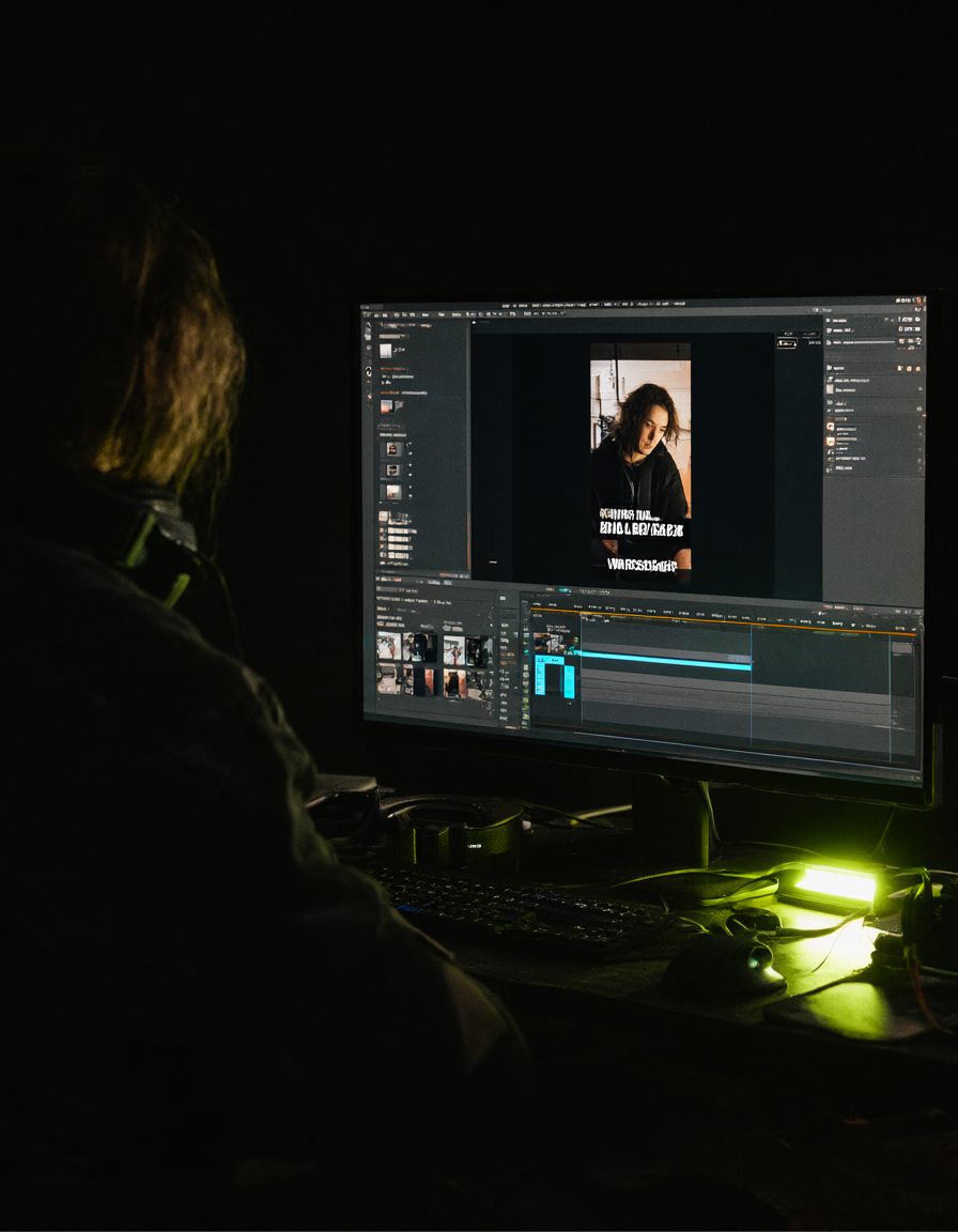 Editor working on a captioned vertical video