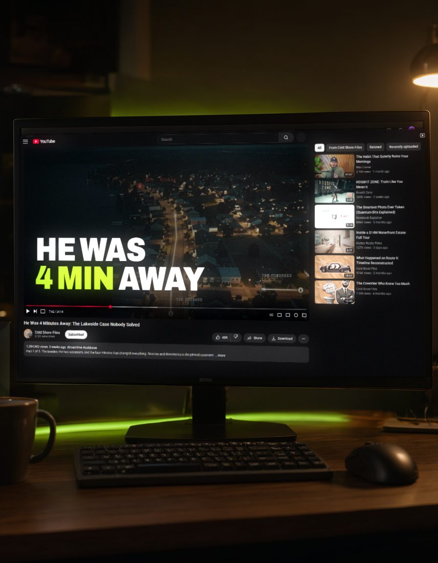 Finished YouTube video with its cover frame playing on a desktop monitor in a dark studio